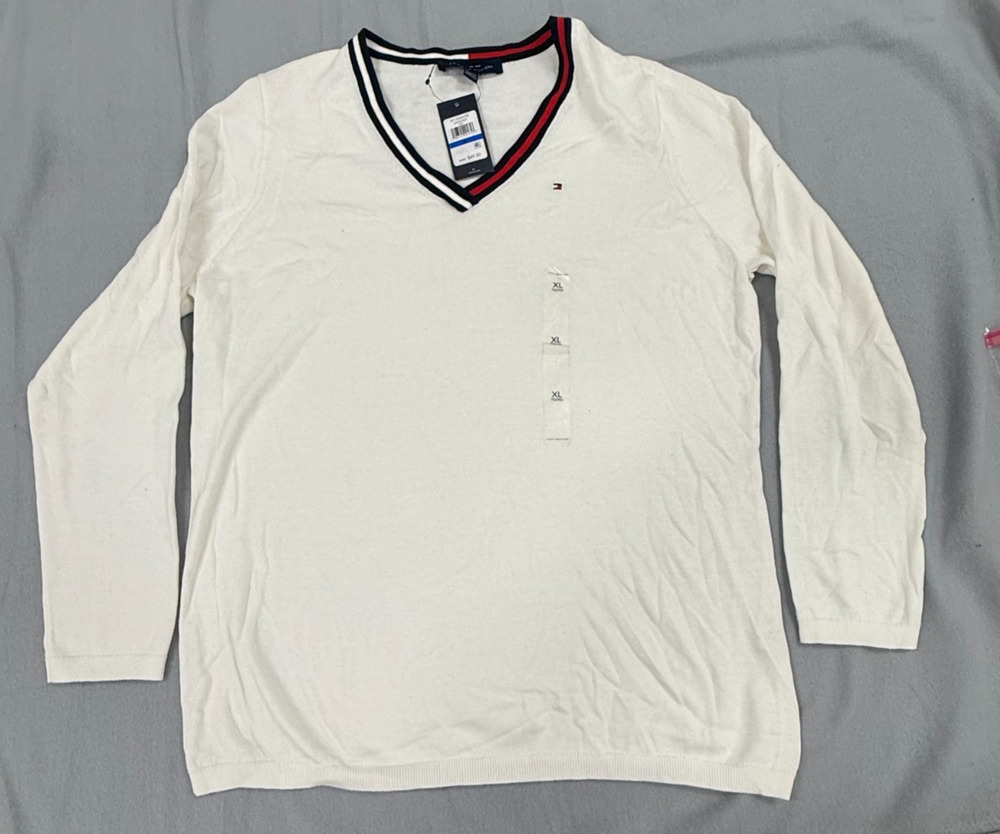 Tommy Hilfiger Sweater Men XL White Cotton Ribbed Trim V-Neck Preppy Varsity NWT